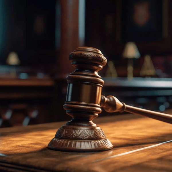 Close-up of judge gavel and books on the desk in the law office room